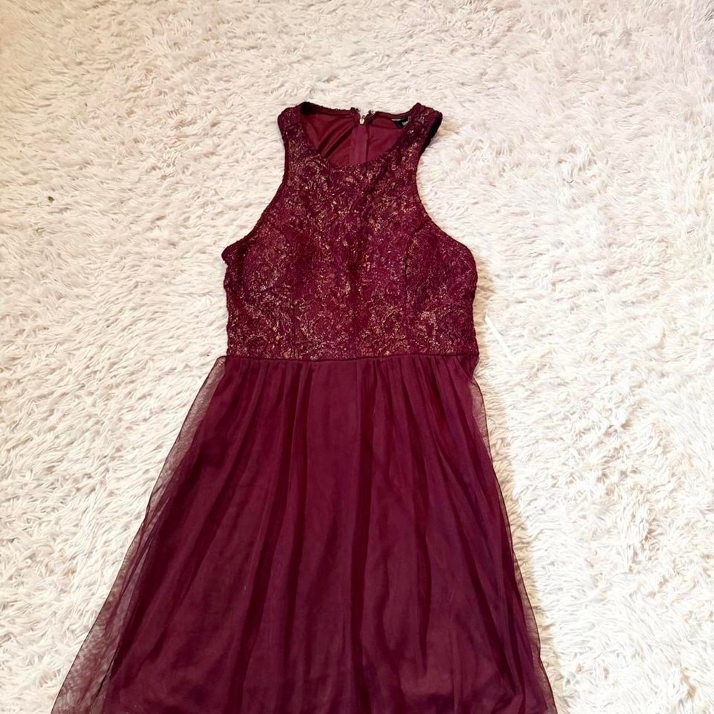 Burgundy Gold Lace Dark Academia Fairy Old Hollywood High Neck Dress Womens 13